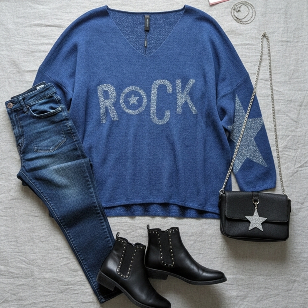 Blue 'Rock' Sweater‎ with Star Design